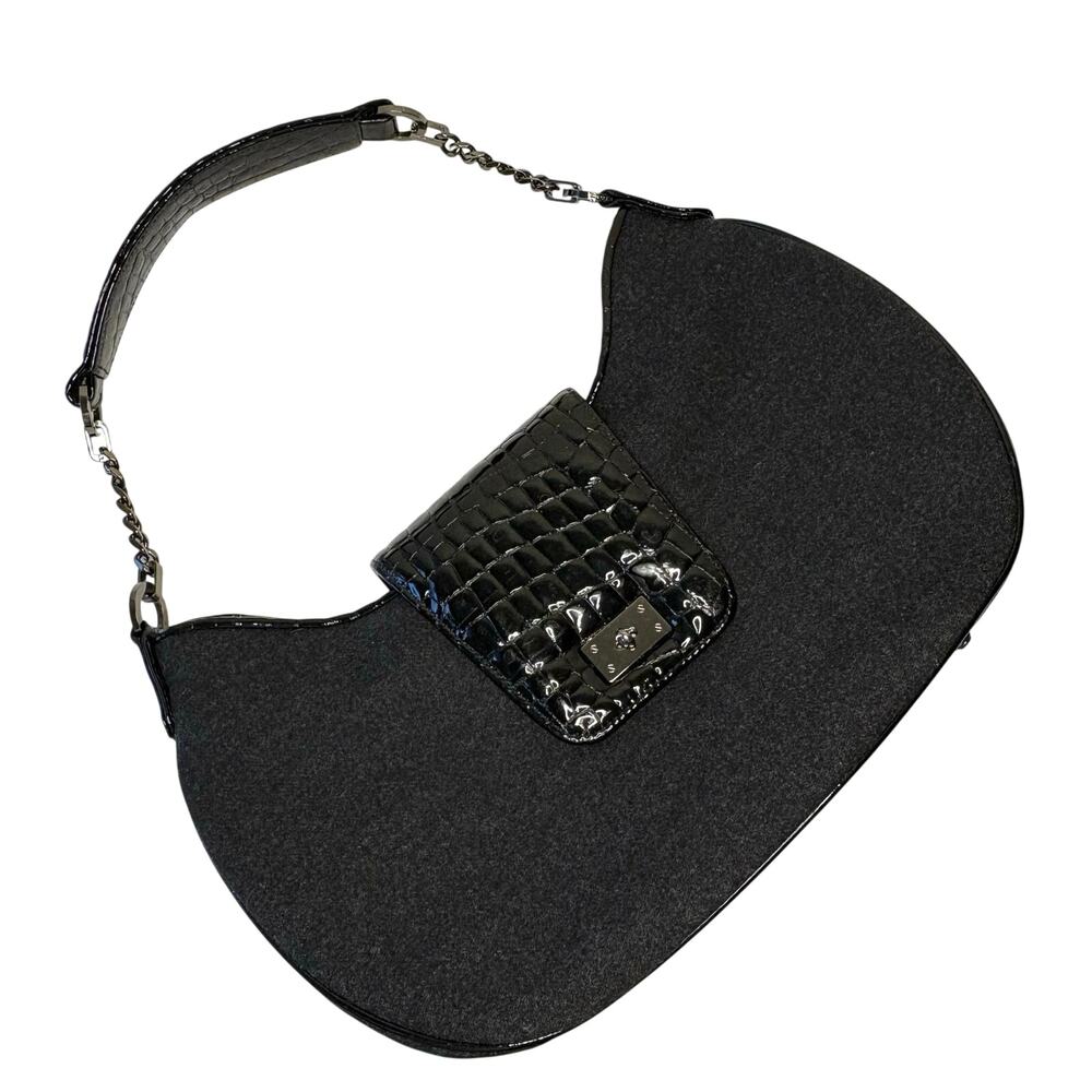 Worth Flannel & Patent Leather Shoulder Bag Gray Black